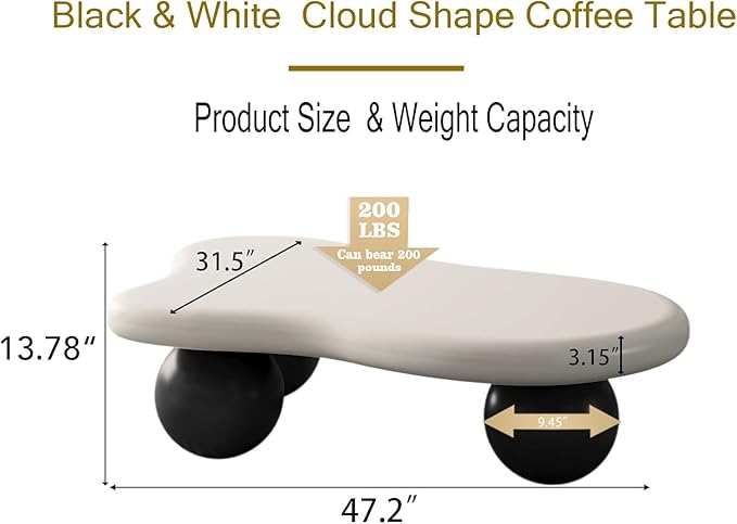 47" Cloud Coffee Table for Living Room Irregular Coffee Table Modern Low Coffee Tables Cute Small Center Table with 3 Ball Legs for Small Space Apartment White & Black