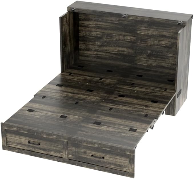 Bellemave Queen Murphy Bed, Cabinet Bed with Charging Station and 1 Large Storage Drawer, Farmhouse Murphy Cabinet with Foldable Panel, Noisy Free, for Guest Bedroom, Living Room, Rustic Gray