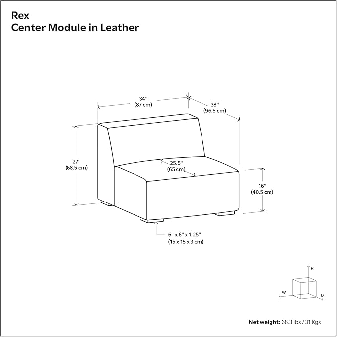 SIMPLIHOME Rex Center Sofa Module in Full-Grain Genuine Leather, Caramel Brown, 34-inches Wide, Handcrafted Modern-Style Armless Sofa or Armless Chair for Living Room and Family Room