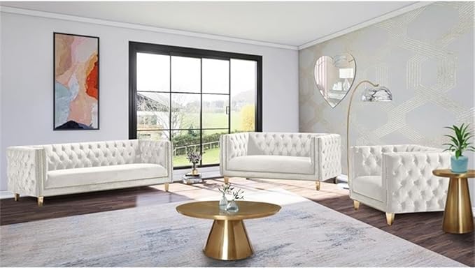 Meridian Furniture 652Cream-L Michelle Collection Modern | Contemporary Loveseat with Deep Button Tufting, Gold Nailhead Trim and Sturdy Gold Iron Legs, Cream Velvet, 66" W x 34" D x 30" H