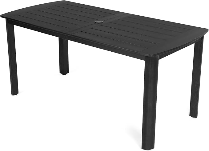 Outdoor Rectangle Dining Table with Rounded Edge, 67" All-Weather HIPS Patio Table for 6, Outdoor Furniture with Umbrella Hole, Ideal for Garden, Poolside, Backyard, Deck, Black by Kibaso