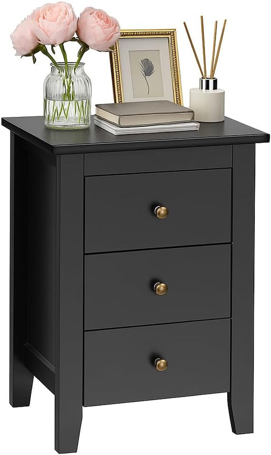 Giantex Nightstand with 3 Drawers, Wood Black Stand Bedside Table w/Storage Drawer & Round Metal Knobs, Modern End Side Table for Dorm Bedroom Small Spaces, 14.5" D x 18" W x 26" H by Giantex