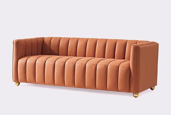 Direct Glam Fabric Upholstered Solid Wood Frame 82.7" Art Deco Sofa for Living Room, Office, Sophisticated 3 Seater Couch, Orange