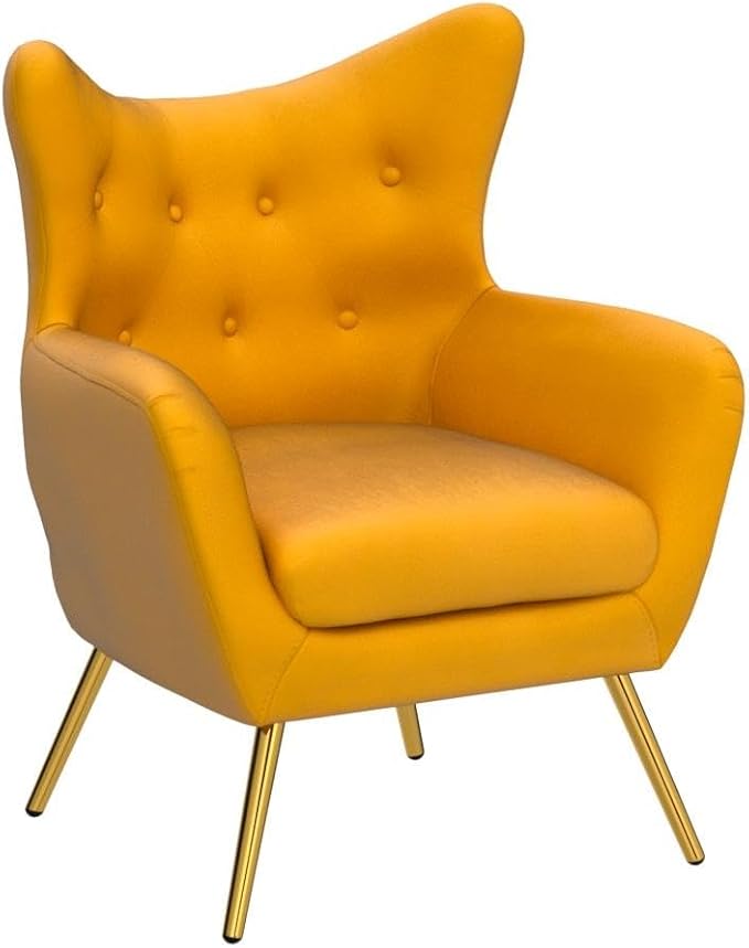 HULALA HOME Velvet Accent Chair Set of 2, Modern Wingback Arm Chair with Metal Gold Legs, Velvet Tufted Upholstered(Mustard)