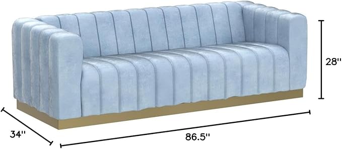 Meridian Furniture 603SkyBlu-S Marlon Collection Modern | Contemporary Velvet Upholstered Sofa with Deep Channlel Tufting and Brushed Gold Finish, Sky Blue, 86.5" W x 34" D x 28" H