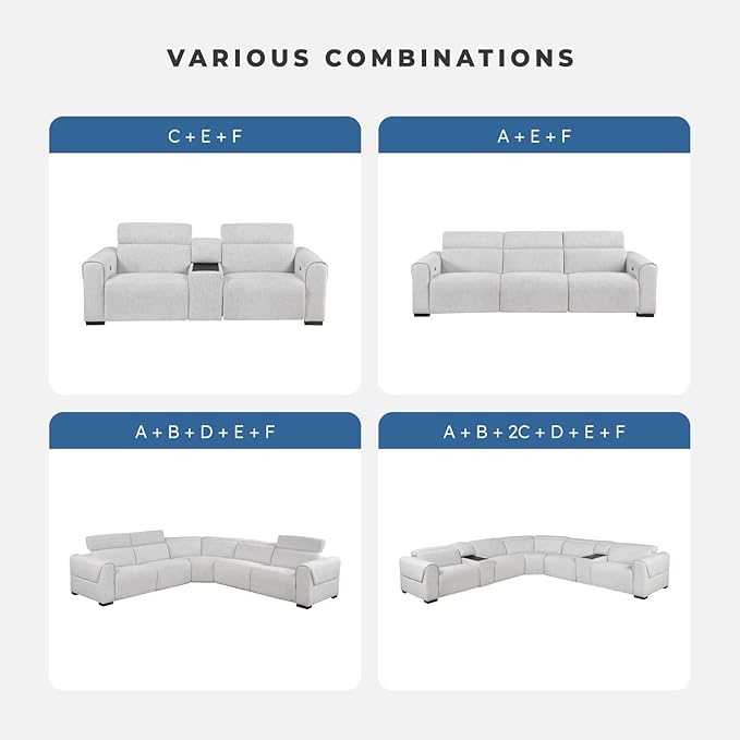 Lexicon Power Reclining Sectional Couches for Living Room-Modular Sectional Sofa, Wall Hugger, 3 Recliner Seats, Power Headrests, Charging Ports, 5 Seater Couch, Chenille Cloud