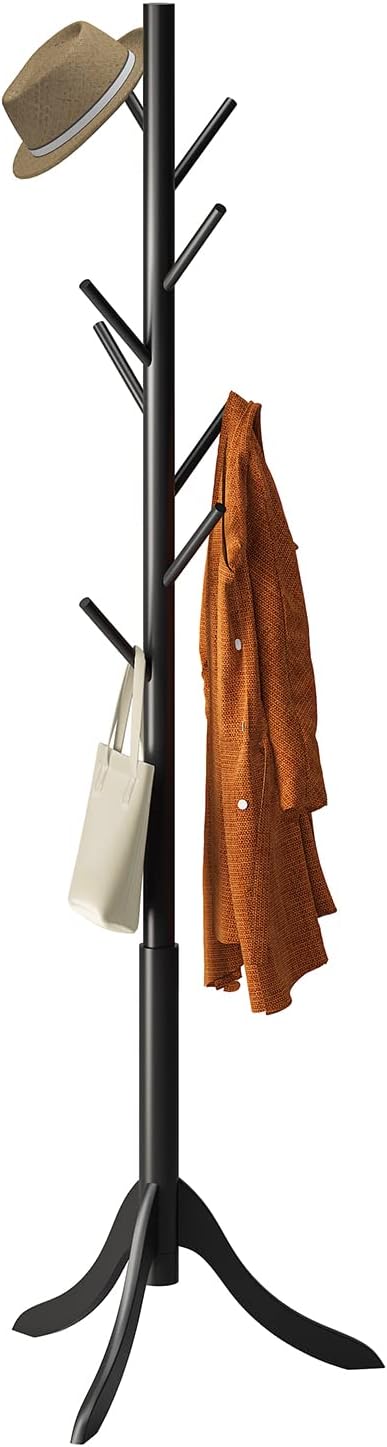 Coat Rack Freestanding, Coat Stands Entryway, Bamboo Coat Rack Hat Hanger 8 Hook for Jacket, Purse, Scarf Rack, Umbrella Tree Stand (Black) by Furshus