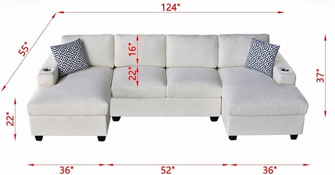 124-Inch Symmetrical Sectional Couch Wool Cloud Cushion Upholstered Sofas, U- Shaped Modular Sectional Sofa with Cup Holders and 2 Chaise Lounges for Living Room
