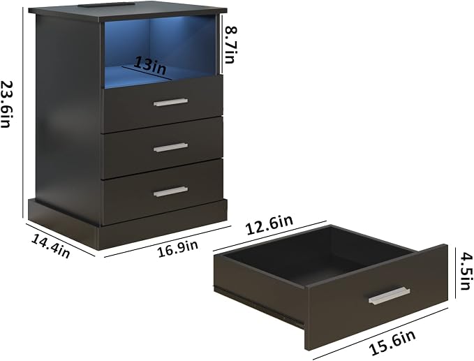 Halitaa Black LED Nightstand with Charging Station, Side Table with 3 Drawers and Light, End Table with Open Storage, Beside Cabinet for Bedroom (Black) - Image 2