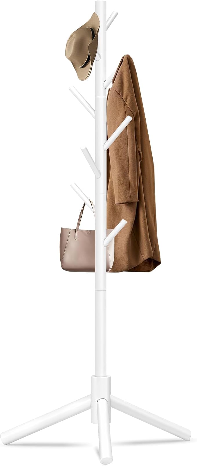 Unisakey Durable Wooden Coat Rack, Freestanding Coat Rack with Stable Triangular Base, 8 Hooks & 3 Adjustable Heights, Simple Assembly for Bedroom, Hallway, Office(New White) by Unknown
