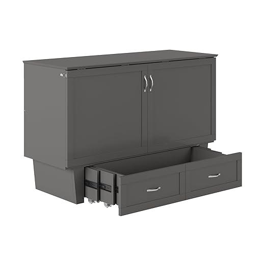 AFI, Chelsea Mid-Century Modern Queen Solid Wood Murphy Bed Chest with 6" Mattress, Storage Drawer & Built-in USB Charger, Grey