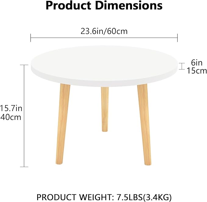 Round Coffee Table Low Table with 3 Solid Wood Sturdy Legs,Floor Table Desk for Sitting on The Floor,23.6"D x 23.6"W x 16"H Inches,Living Room/Toy room Furniture,Rental house Furniture (White)