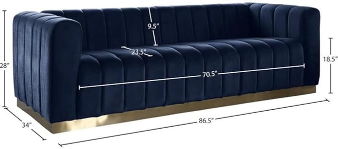 Meridian Furniture 603Navy-S Marlon Collection Modern | Contemporary Velvet Upholstered Sofa with Deep Channel Tufting, Stainless Steel Base in a Brushed Gold Finish, Navy, 86.5" W x 34" D x 28" H