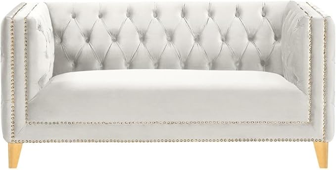 Meridian Furniture 652Cream-L Michelle Collection Modern | Contemporary Loveseat with Deep Button Tufting, Gold Nailhead Trim and Sturdy Gold Iron Legs, Cream Velvet, 66" W x 34" D x 30" H