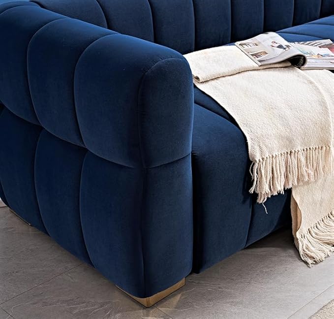 Art Deco Velvet Sofa with Tufted Low Back Design, Sophisticated 3 Seater Couch for Living Rooms, 89 Inch Wide, Easy Assembly, Blue