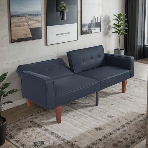 Adjustable Backrest Convertable Sofa, Modern Fabric 2-Seat Futon Sofa, Convertible Fabric Sleeper Couch with Armrests, Couch for Living Room Home Office Spaces, Black