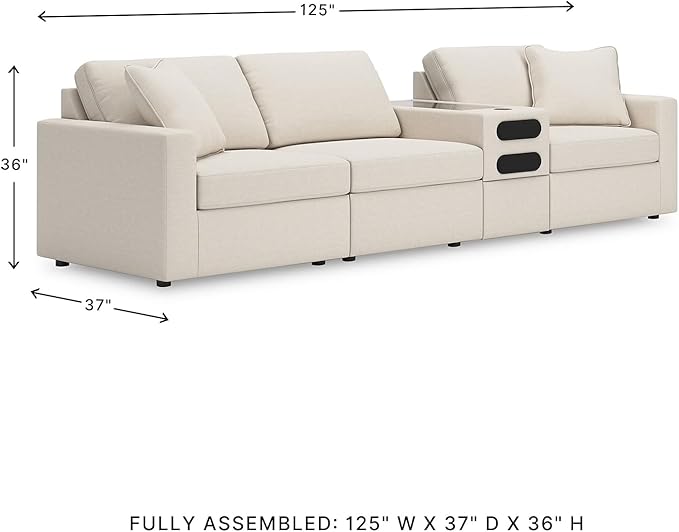 Signature Design by Ashley Modmax Coastal Modular Stain Resistant 4-Piece Sectional with Audio Console, Drawer, USB Ports and 2 Accent Pillows, Beige