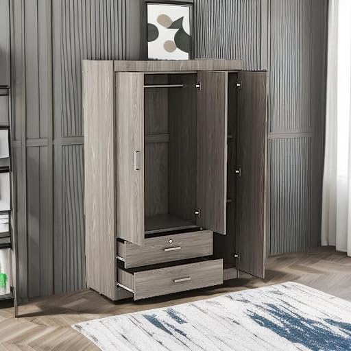 LZ LEISURE ZONE 3 Doors Wardrobe Armoire Closet, Large Freestanding Armoire Wardrobe Cabinet with 2 Drawers, Bedroom Clothes Storage Cabinet Organizer, Wood Grain Effect in Gray