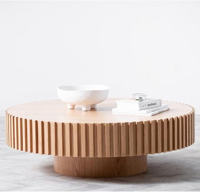 WILLIAMSPACE 31.49" Oak Round Coffee Table, Modern Luxury Wood Circle Drum Center Table for Living Room, Accent Side Table End Table for Apartment, ø31.49'' x 13.77''H (Oak)