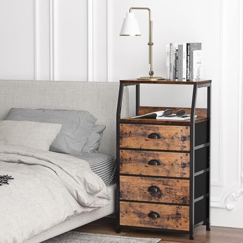 Furnulem Night Stand, Tall 4 Drawers Dresser for Bedroom, Hallway, Nursery, Closet Organizer, Nightstand Bedside Table Furniture, Vertical Storage Tower Fabric, Sturdy Steel Frame, Wood Top - Image 2