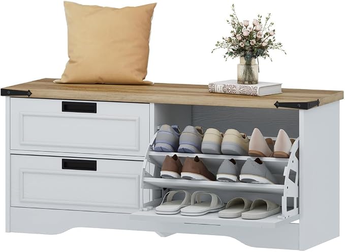 FATORRI Shoe Storage Bench, Entryway Bench with Flip Drawer, Wooden Entry Way Shoe Cabinet for Living Room Hallway (Rustic Oak+White Oak) - Image 9