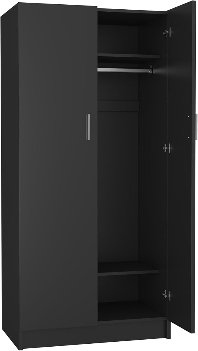 Panana 2 Door Wardrobe Closet Bedroom Armoires with 2 Shelves Storage, Hanging Rail for Bedroom (Black)