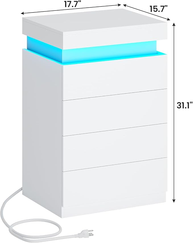 ADORNEVE White Night Stand with Drawers and LED Lights,Tall Nightstand with Sliding Top,Bedside Table with Charging Station,Modern End Side Table for Bedroom, 15.7" D x 17.7" W x 31.1" H - Image 2
