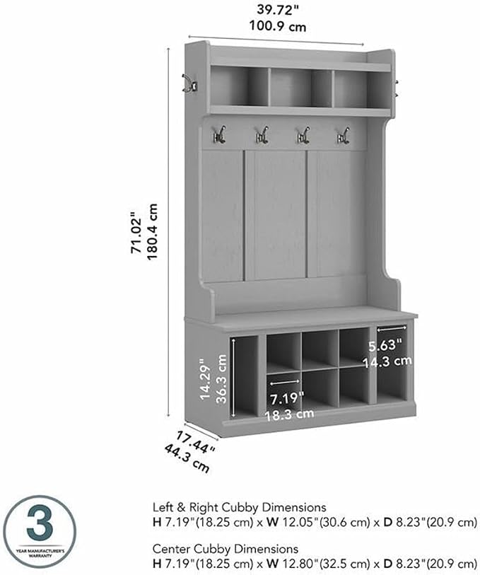 Bush Home Woodland 40W Hall Tree and Shoe Storage Bench with Shelves in Cape Cod Gray, Cubbies and Coat Hooks for Foyer, Mudroom, or Entryway - Image 3