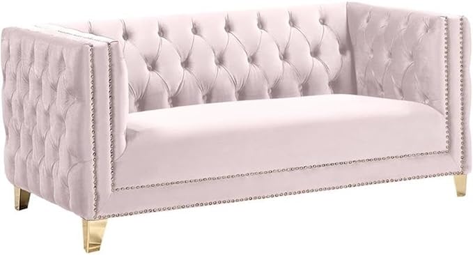 Meridian Furniture 652Pink-L Michelle Collection Modern | Contemporary Loveseat with Deep Button Tufting, Gold Nailhead Trim and Sturdy Gold Iron Legs, Pink Velvet, 66" W x 34" D x 30" H