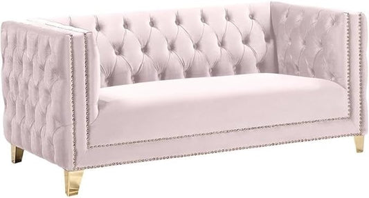 Meridian Furniture 652Pink-L Michelle Collection Modern | Contemporary Loveseat with Deep Button Tufting, Gold Nailhead Trim and Sturdy Gold Iron Legs, Pink Velvet, 66" W x 34" D x 30" H