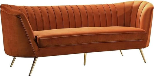 Meridian Furniture Margo Collection Modern | Contemporary Velvet Upholstered Sofa with Deep Channel Tufting and Rich Gold Stainless Steel Legs, Cognac, 88" W x 30" D x 33" H