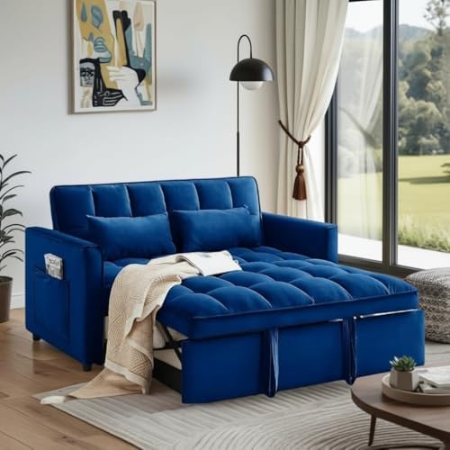 3 in 1 Sofa Bed, Love Seat Sleeper Bed with Side Pockets, Velvet Fabric Pull Out Couch with Adjustable Backrest for Living Room, Bedroom, Apartment, Blue