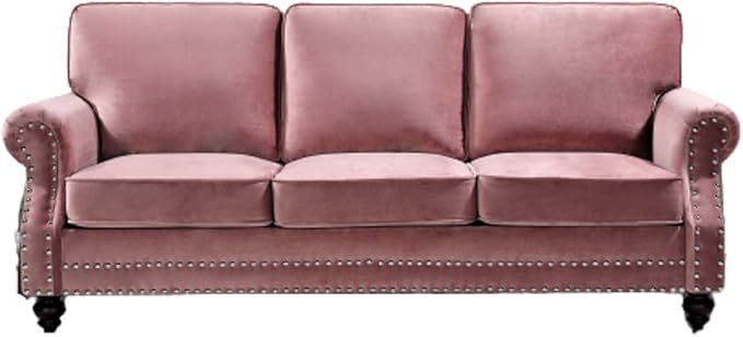 Lotus Mid Century Modern Velvet Upholstered Living Room Rolled Arms, Sofa and Loveseat, Salmon