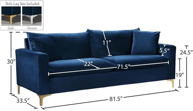 Meridian Furniture Naomi Collection Modern | Contemporary Navy Velvet Upholstered Sofa with Stainless Steel Base in a Rich Gold or Chrome Finish,