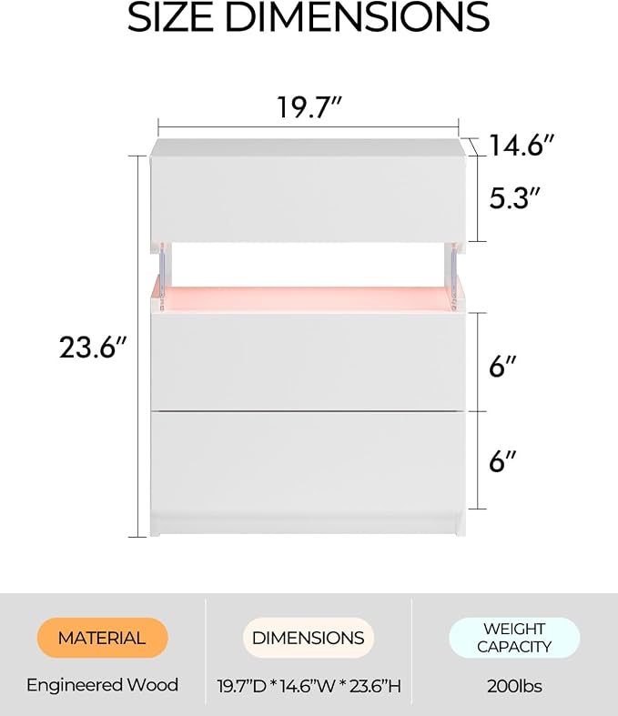 Bingoday LED Nightstands 3 Drawer Nightstand for Bedroom Bedside Tables with Acrylic Board LED End Table for Bedroom Living Room Bedside Furniture (White) - Image 2
