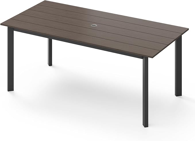67" Rectangle HDPS Patio Dining Table, Aluminum Outdoor Patio Dining Table with Umbrella Hole, Weather-Resistant for Lawn, Garden, Yard, Poolside and Indoor Use (Gray & Teak) by Oasbira