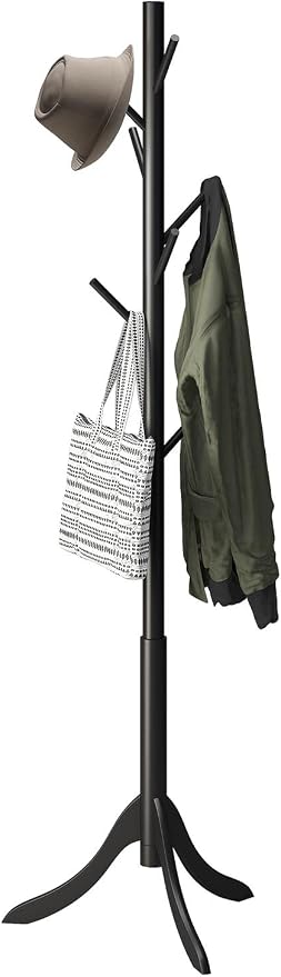 kiplant Black Coat Rack Stand, Bamboo Wood Freestanding Coat Tree with 8 Hooks, Hallway Entryway Hat Hanger Organizer Standing for Bedroom, Office, Clothes, Jackets, Bags, Umbrallas by kiplant