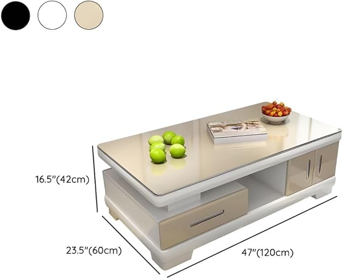RUNNUP Modern Rectangular Glass Coffee Table with White Wood Base and Storage 2-Tier Coffee Table Accent Center Sofa Table for Living Room, Beige 47" L x 24" W x 16.5" H