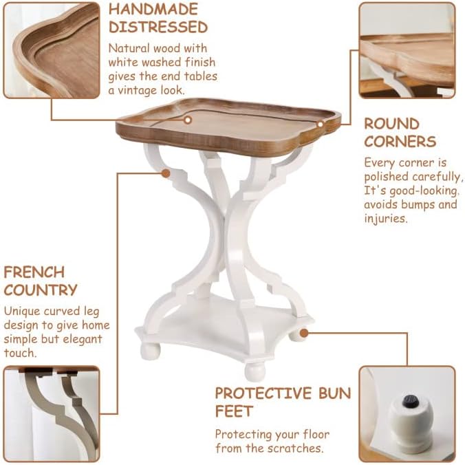 COZAYH Set of 2 Farmhouse Cottagecore End Tables, Rustic Wood Tray Top Square Accent Table with White Curved Legs for Family Room, Living Room, or Small Spaces