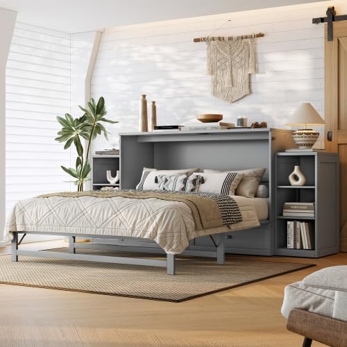 Bellemave Queen Size Murphy Bed, Cabinet Bed with 2 Shelves and Storage Drawers, Farmhouse Murphy Cabinet, Noisy Free, for Guest Bedroom, Living Room, Office, Light Gray