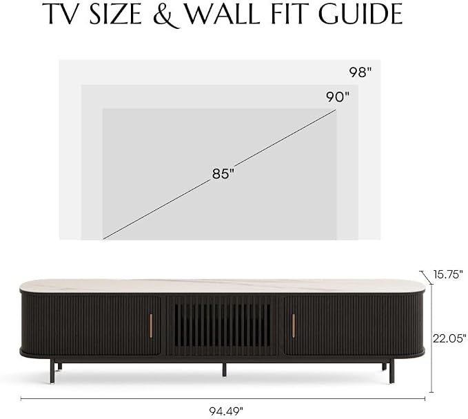 POVISON Fully-Assembled Sliding Tambour Door TV Stand, Mid Century Modern Sintered Stone TV Console, Wood Media Console for 85 Inch TV, Entertainment Center with Storage Cabinet(Black, 94.49") - Image 4