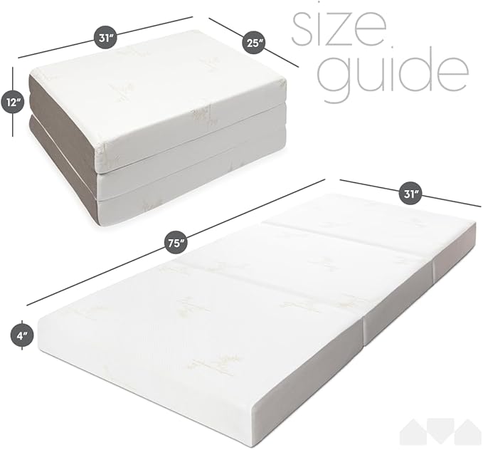 Milliard Trifold Mattress, Cot Size, 4 inch, Portable Foldable Mattress Cot with Medium Firm Foam, Washable Cover, Tri-Folding Floor Bed, Fold Up Guest Bed, RV Travel, Camping, 75" x 31”