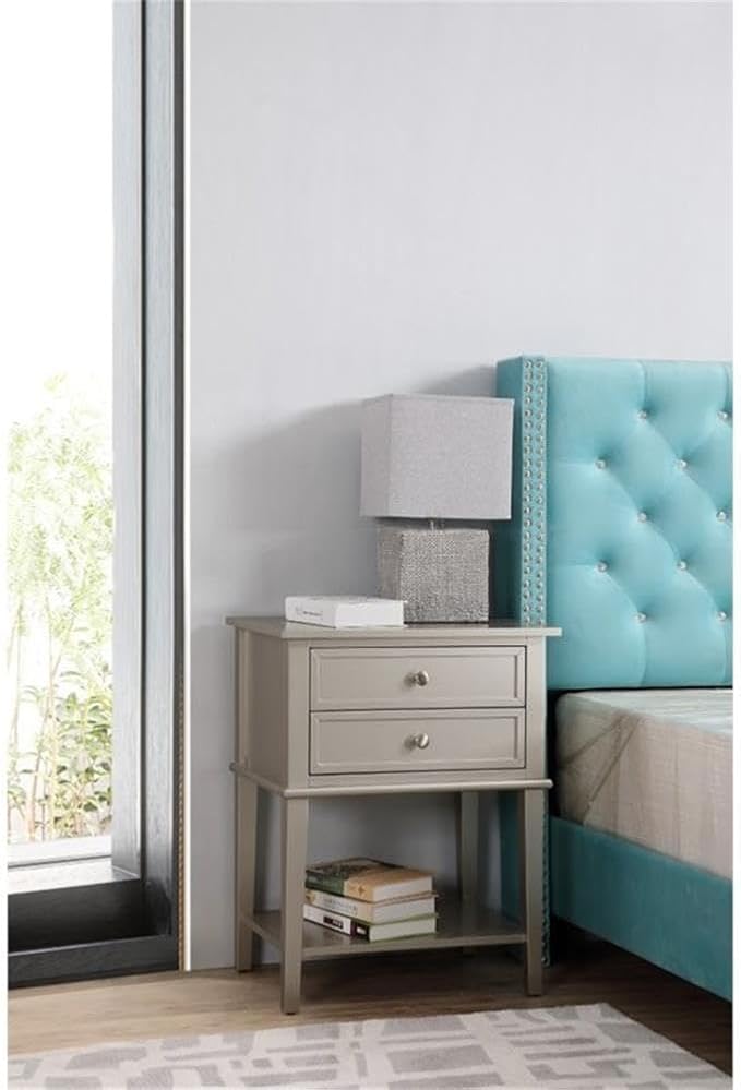 Pemberly Row Contemporary Solid Wood 2 Drawer Nightstand, Silver Champagne Finish, Dovetailed Drawers, Open Shelf, Nickel Hardware, 28" H x 22" W x 16" D, Accent Table for Bedroom or Living Room - Image 2