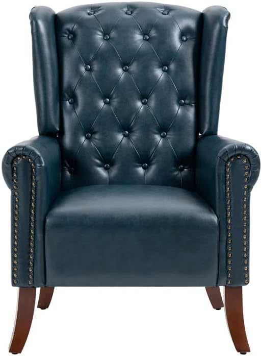 Faux Leather Accent Chair, Mid-Century Armchair Upholstered Club Sofa Chair with Wooden Legs, High Back Living Room Chair for Bedroom, Office, Lounge (Blue)