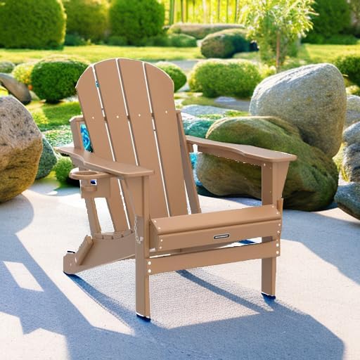 MUCHENGHY Folding Adirondack Chairs, Patio Chairs, Lawn Chairs, Outdoor Chair, Adirondack Chair Plastic, Fire Pit Chairs, Weather Resistant with Cup Holder for Deck, Backyard, Garden(Teak) - Image 6