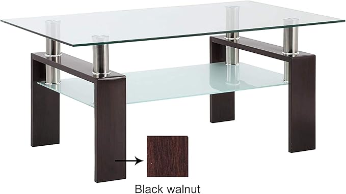 IANIYA Black Walnut Rectangle Tempered Glass Coffee Table Metal Tube Legs End Table for Livingroom