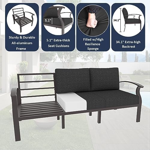 ALAULM Aluminum Outdoor Patio Furniture Set with Fire Pit Table Metal Patio Furniture w/Fire Pit Outdoor Sectional w/5.1" Cushions and 7 Seats for Patio, Backyard, Poolside-Midnight Black