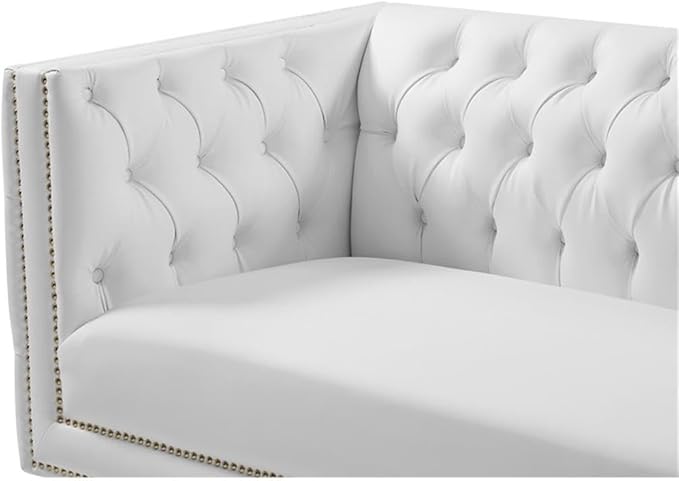 Meridian Furniture 651White-S Michelle Collection Modern | Contemporary Sofa with Deep Button Tufting, Gold Nailhead Trim and Sturdy Gold Iron Legs, White Vegan Leather, 90" W x 34" D x 30" H