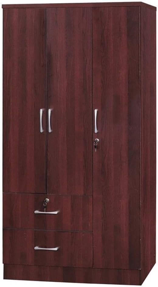Pemberly Row Modern 2 Drawer Wooden Wardrobe Armoire Closet, Mahogany Finish, 72" H x 36" W x 20" D, Engineered Wood, Clothing Rod, Shelves, Soft-Close Doors, Bedroom Storage Solution