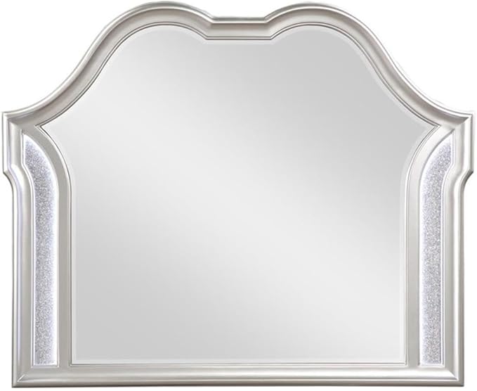 MAKLAINE 5-Piece Glam Wood Queen Bedroom Set, Silver Oak Finish, Ivory Upholstered Bed, Nightstand with USB Ports, Dresser with Jewelry Tray, Beveled Mirror, Chest; Elegant Storage Furniture for